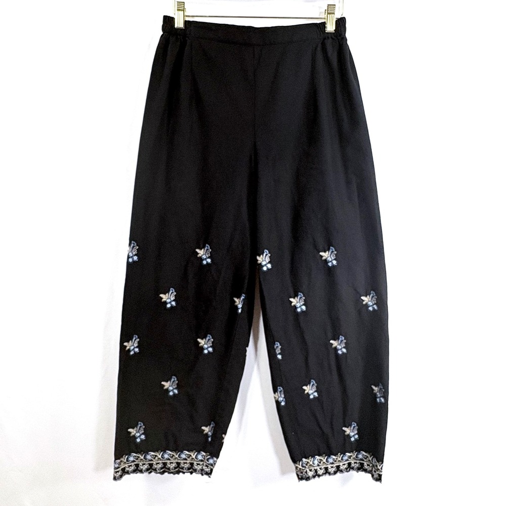 Batik Crop Pants Black Embroidered Floral Lace Hem‎ Elastic Waist Women Small